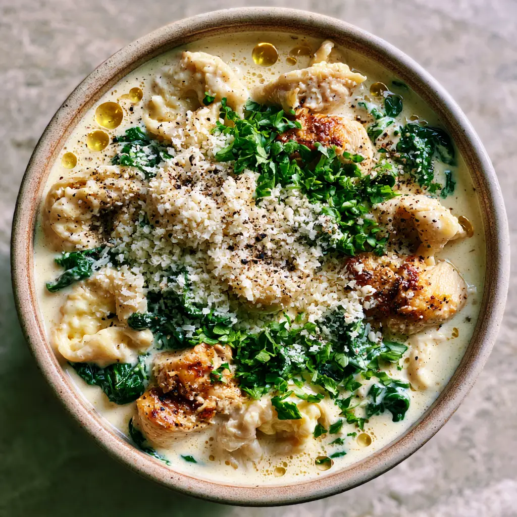 Chicken Alfredo Soup with Pillowy Cheese Tortellini 2 Close up handheld photo of creamy chicken alfredo soup with shimmering oil droplets and fresh parsley.
