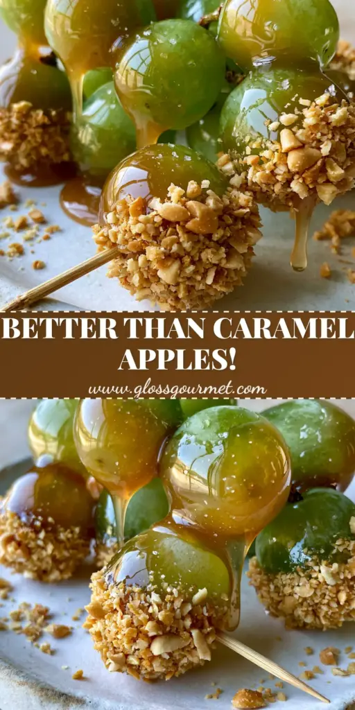 Caramel Apple Grapes: The Ultimate Salted Caramel Snack Hack 3 A close-up shot of Caramel Apple Grapes on bamboo skewers, featuring emerald green grapes coated in glistening salted caramel and crushed peanuts.