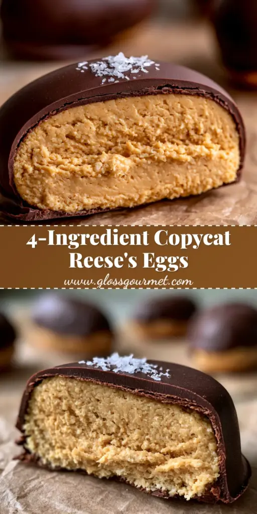A stack of homemade dark chocolate Peanut Butter Eggs on brown parchment paper with flaky sea salt garnish.