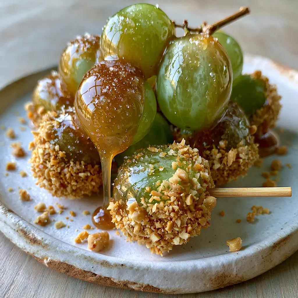 Macro photo of emerald green Caramel Apple Grapes with a thick caramel drip and toasted peanut coating.