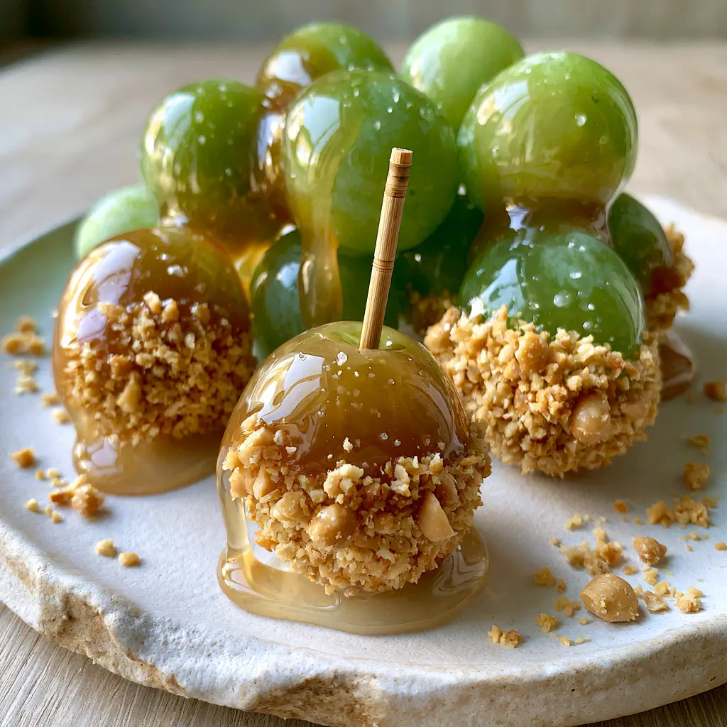 Caramel Apple Grapes: The Ultimate Salted Caramel Snack Hack 1 Chilled green grapes being dipped into warm, viscous salted caramel for the ultimate Caramel Apple Grapes snack.