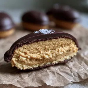 Close-up of a Peanut Butter Egg cut in half showing the dense oat flour and creamy peanut butter filling.
