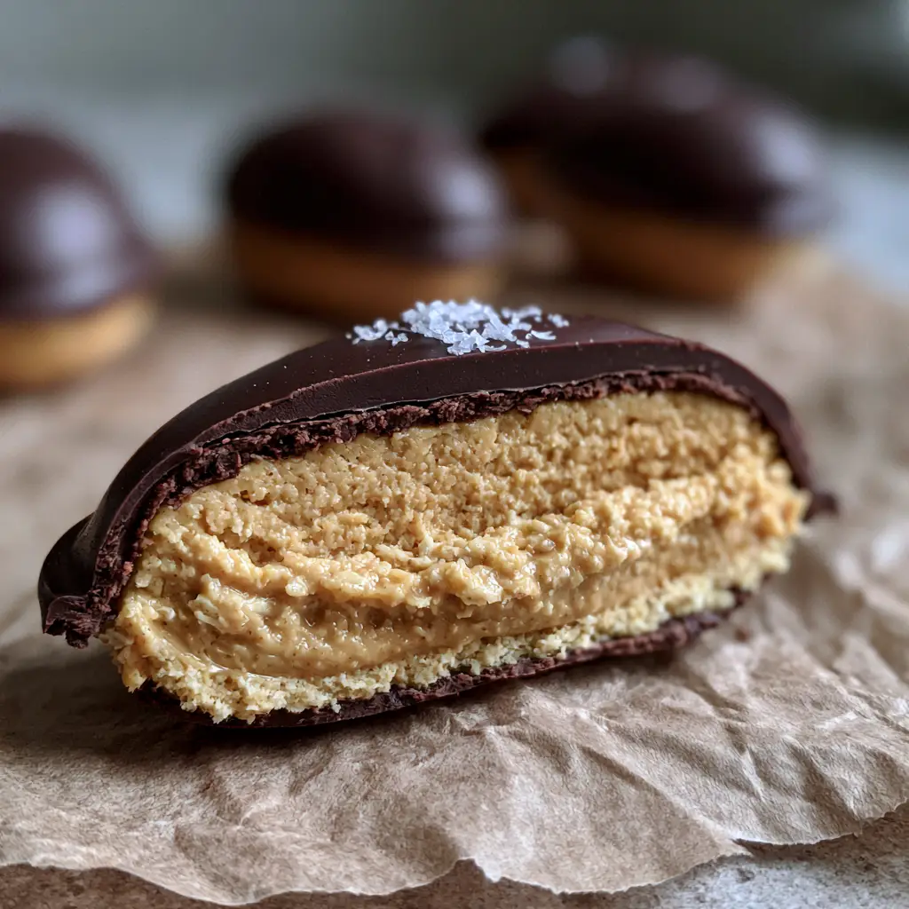 Close-up of a Peanut Butter Egg cut in half showing the dense oat flour and creamy peanut butter filling.
