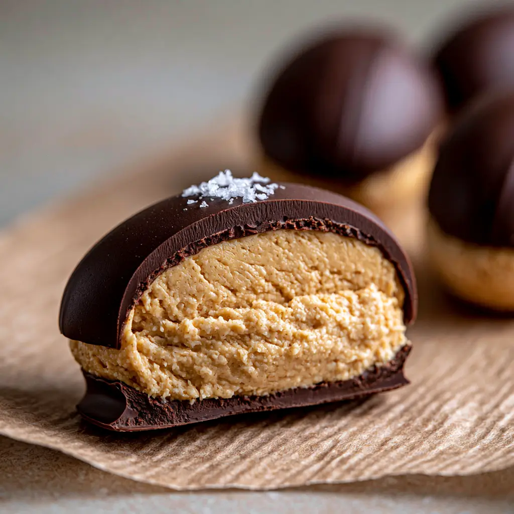 Eye-level view of several Peanut Butter Eggs on parchment paper under soft natural light.