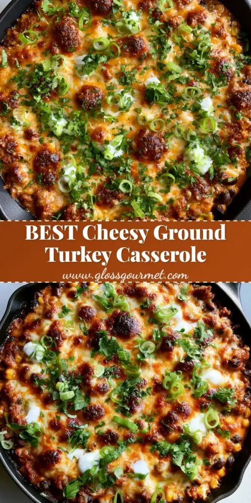 Turkey Casserole Recipes: The Ultimate Cheesy Ground Turkey Skillet 3 Overhead shot of a bubbling turkey casserole recipes in a black skillet with melted cheese and fresh herbs.