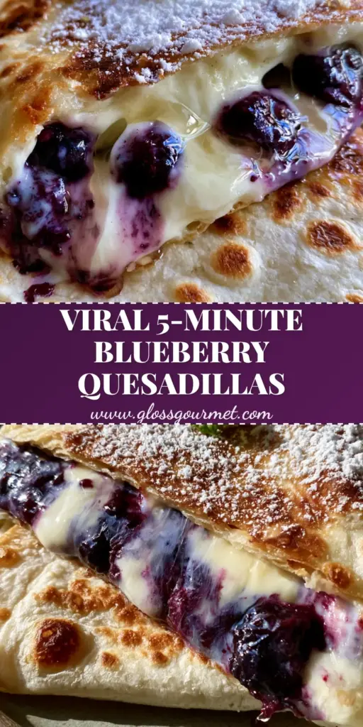 Blueberry breakfast quesadilla with Melted Cream Cheese and Honey 4 A sliced Blueberry breakfast quesadilla showing an oozing center of Greek yogurt, melted cream cheese, and burst purple blueberries on a rustic plate.