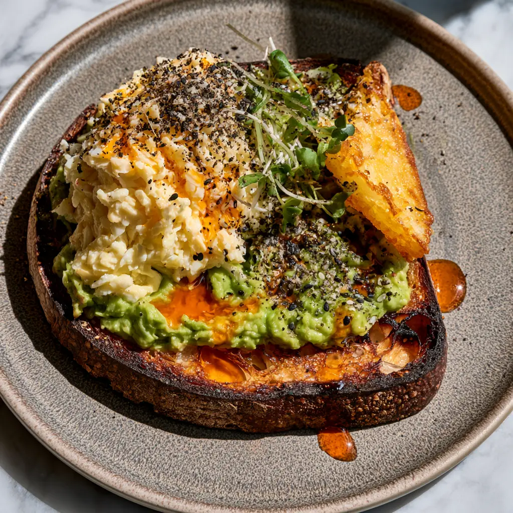 Close up of artisanal sourdough avocado toast recipes with charred edges and vibrant lime-green smash.