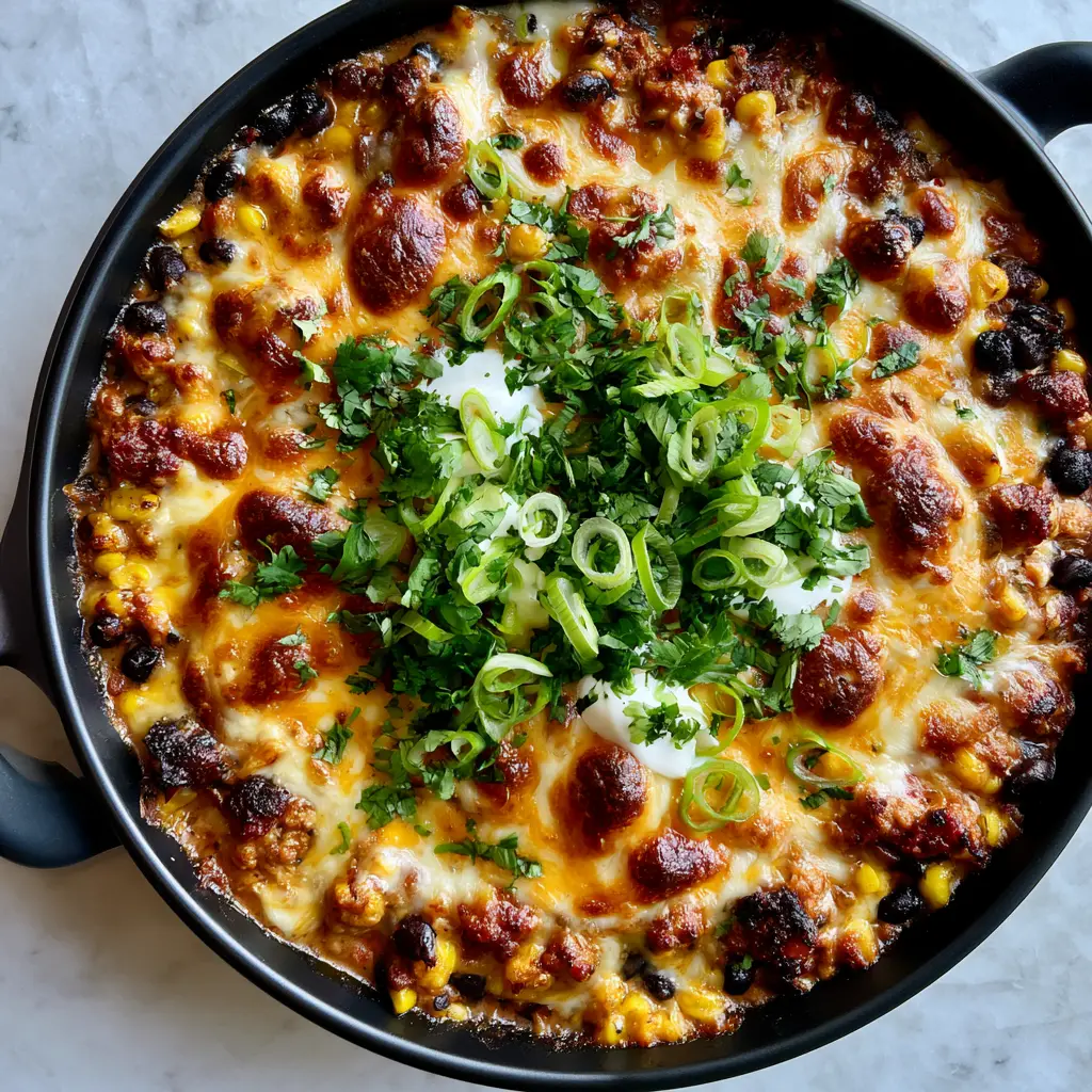 Turkey Casserole Recipes: The Ultimate Cheesy Ground Turkey Skillet 2 Close up of seared ground turkey and black beans in a creamy tomato sauce. (turkey casserole recipes)