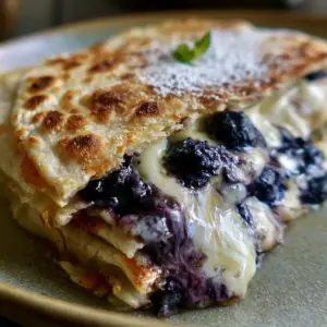 Extreme macro close-up of a Blueberry breakfast quesadilla with a golden-brown toasted tortilla and purple blueberry juice dripping from the edge.