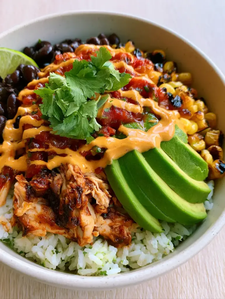 Close-up of charred sweet corn and juicy shredded chicken in a ceramic burrito bowl.