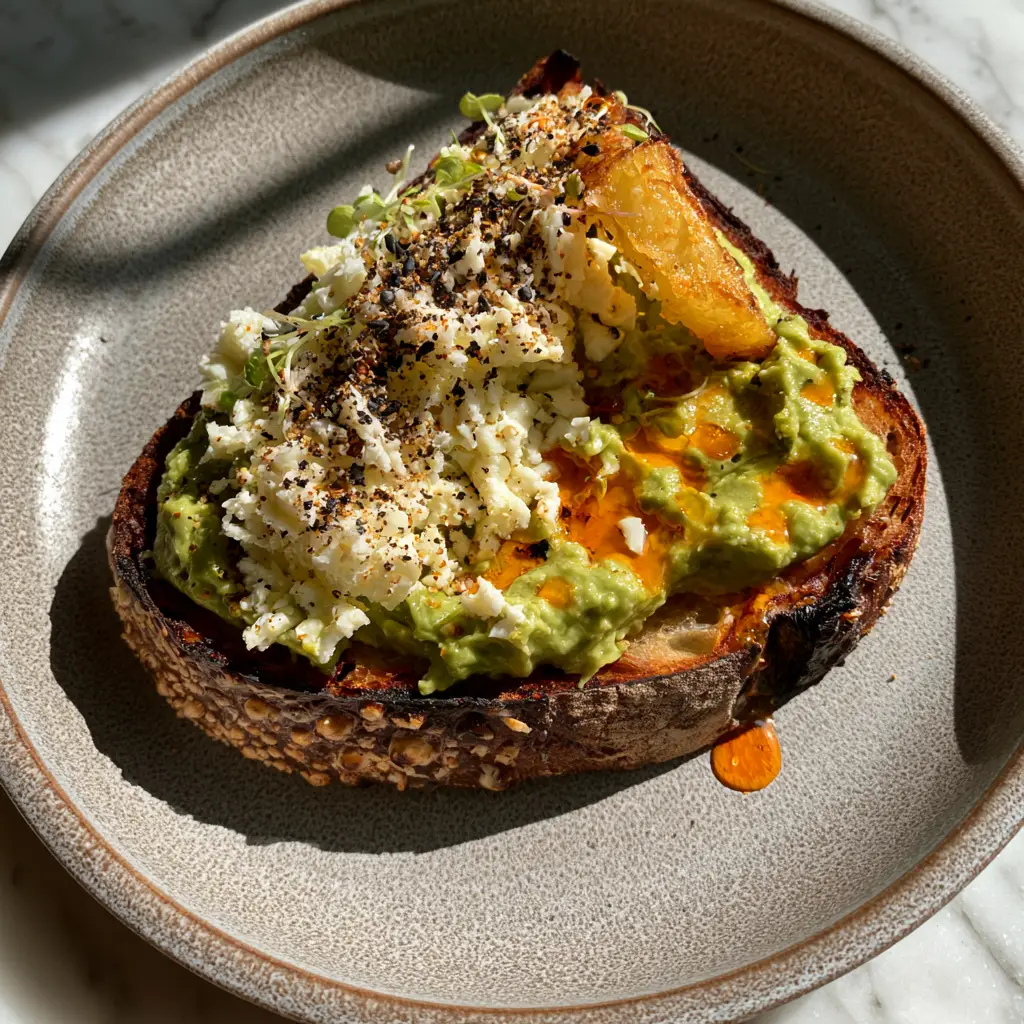 Top-down view of avocado toast recipes topped with fluffy grated egg snow and orange chili oil.