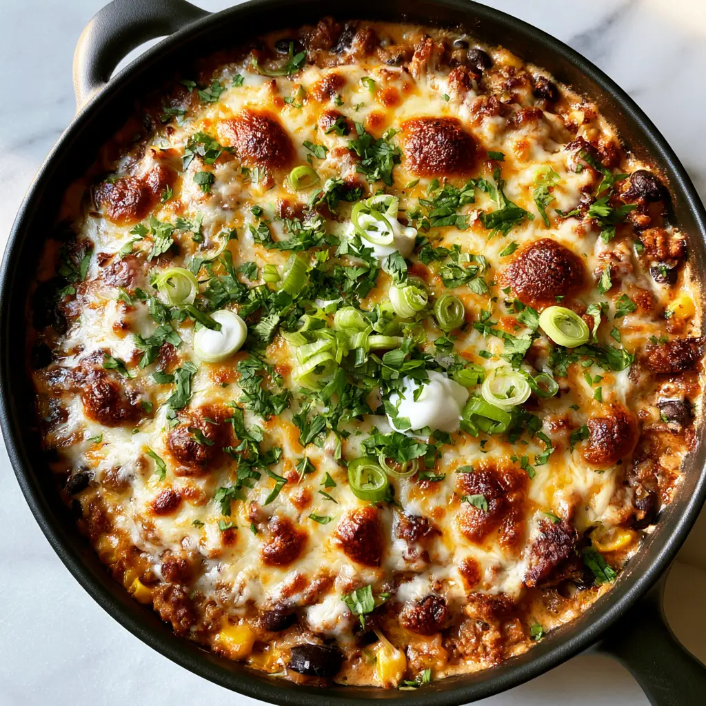 Turkey Casserole Recipes: The Ultimate Cheesy Ground Turkey Skillet 1 Melted bubbly cheddar cheese on top of a turkey skillet casserole.