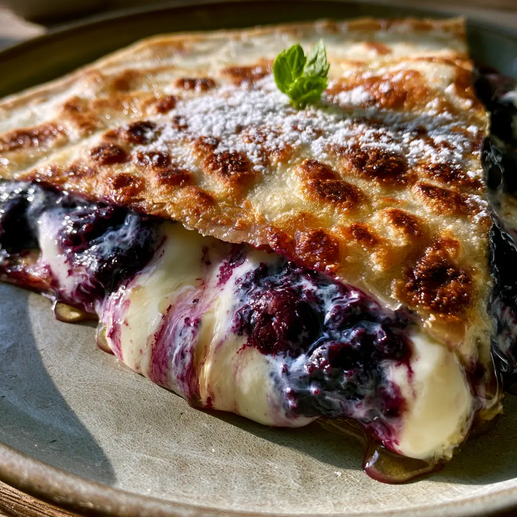 Blueberry breakfast quesadilla with Melted Cream Cheese and Honey 1 A sliced Blueberry breakfast quesadilla revealing the marbled cream cheese and yogurt filling with fresh mint garnish.