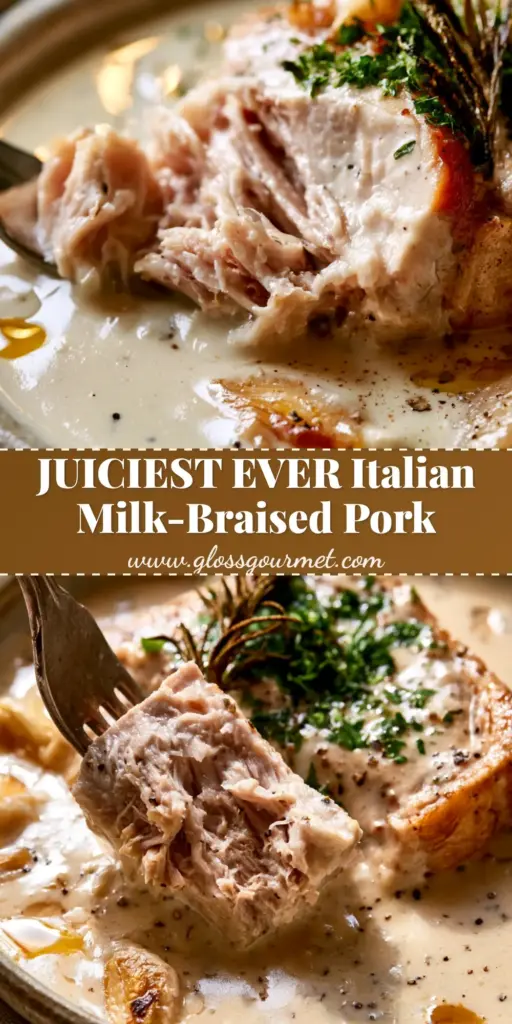 A close-up of Italian milk-braised pork showing shredded meat, creamy ivory gravy, roasted garlic cloves, and a fried rosemary garnish.