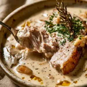 Extreme close-up of a fork pulling apart succulent Italian milk-braised pork with glistening fibers and cream sauce.