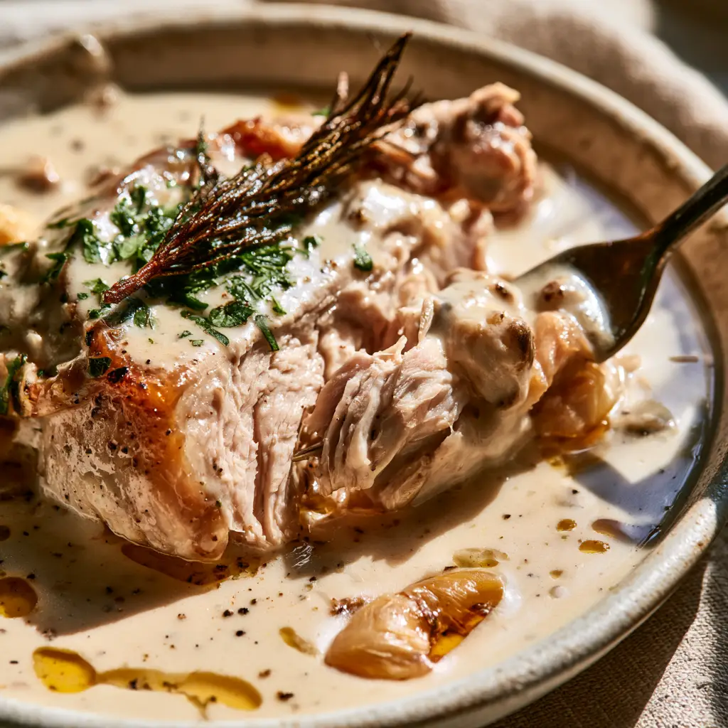 Rustic stoneware bowl filled with Italian milk-braised pork, ivory sauce, and droplets of golden oil.