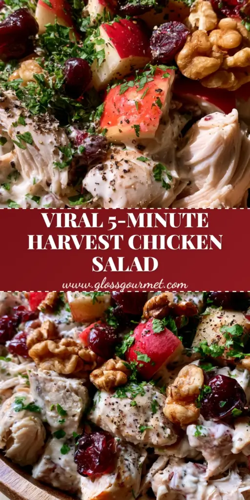 A close-up vertical shot of Harvest Chicken Salad in a wooden bowl featuring shredded rotisserie chicken, red apples, and walnuts. (Harvest Chicken Salad)