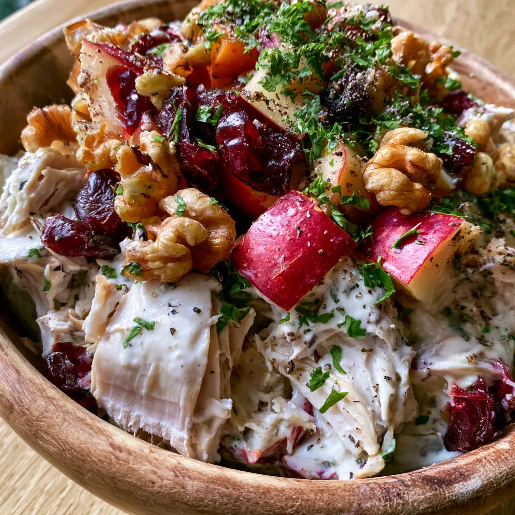 Smartphone photo of a rustic bowl overflowing with chunky Harvest Chicken Salad, topped with fresh parsley and cracked pepper. (Harvest Chicken Salad)