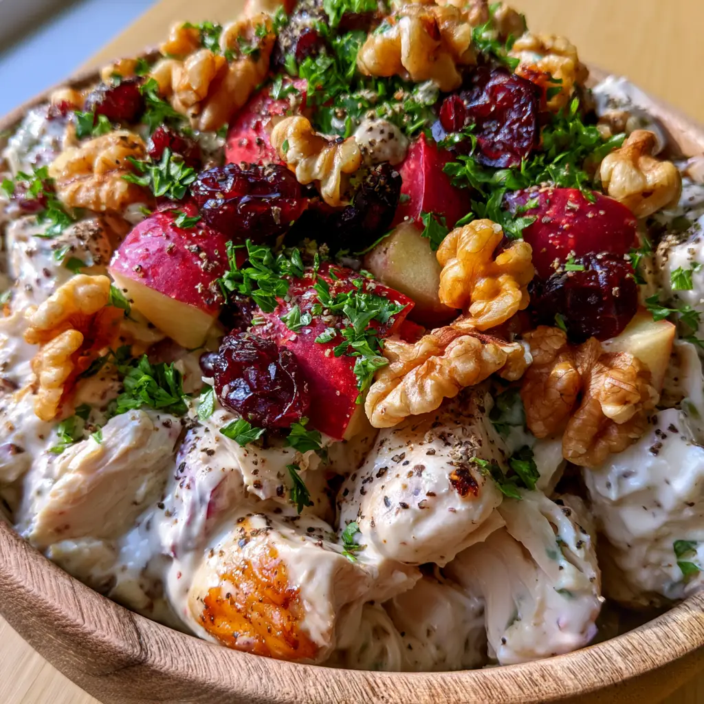 Close-up of shredded chicken breast coated in Greek yogurt dressing with ruby red cranberries and toasted walnuts. (Harvest Chicken Salad)
