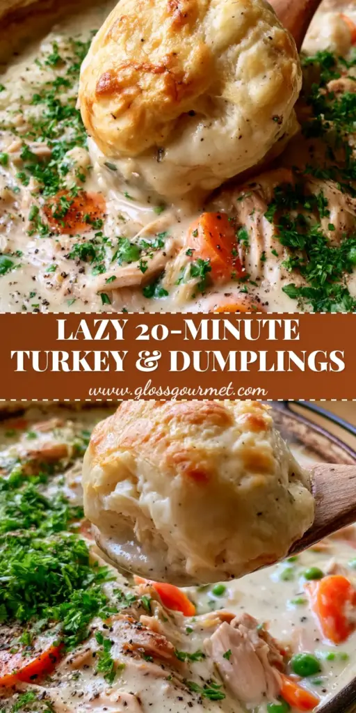 A rustic cast iron pot of turkey and dumplings with a wooden spoon lifting a fluffy golden-brown biscuit dumpling showing rising steam.