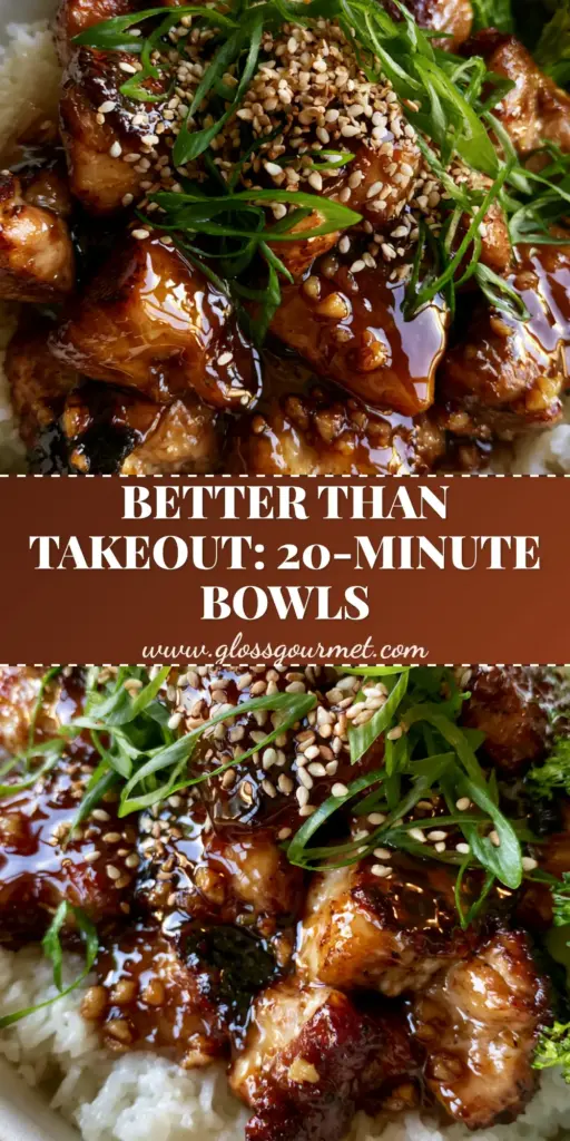 A close-up shot of glossy honey garlic asian style chicken over jasmine rice with sesame seeds and scallions.