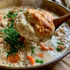 Smartphone POV photo of creamy turkey and dumplings in a cast iron pot with shredded turkey and carrots.