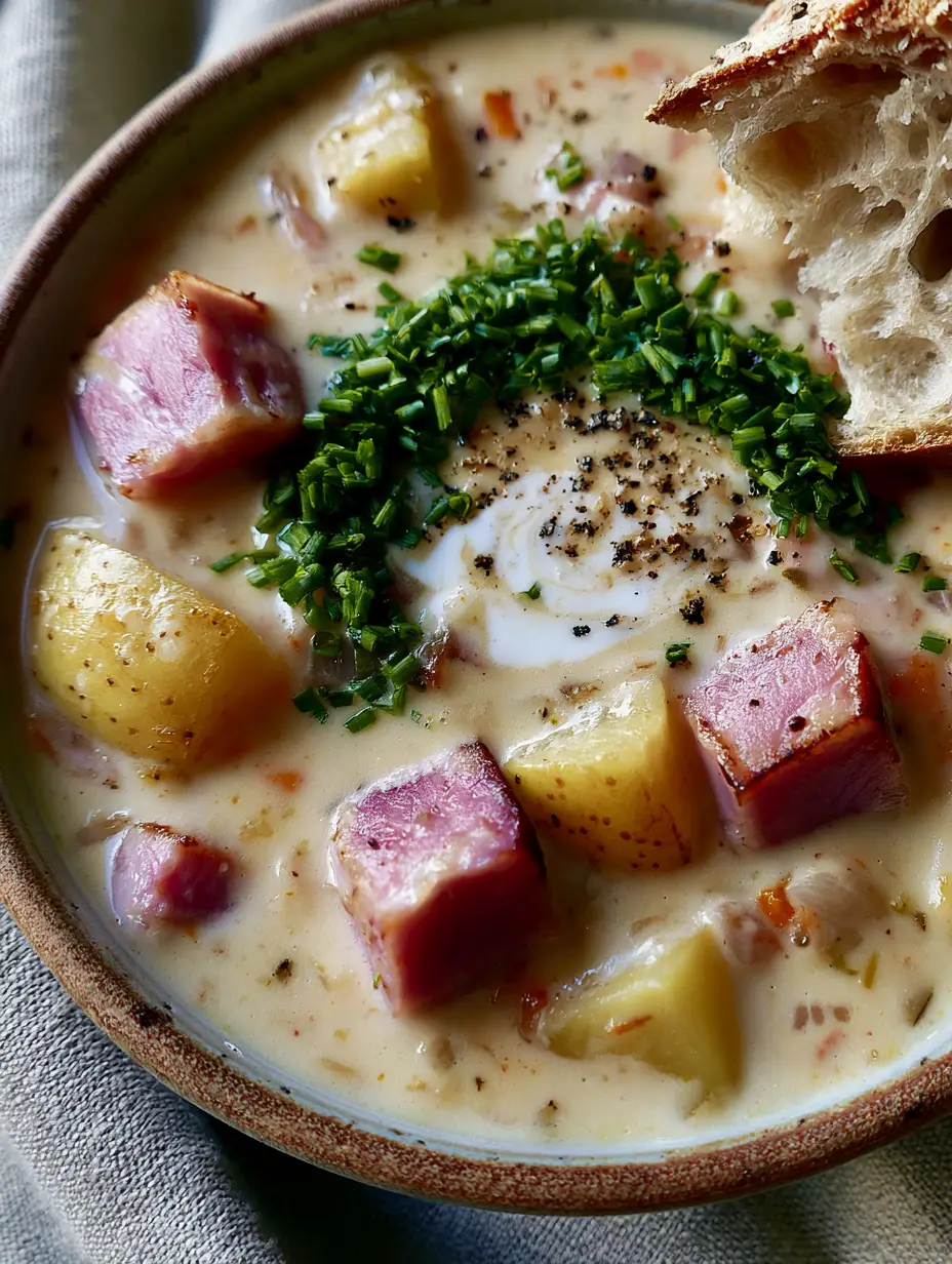 Close-up of a rustic bowl of ham soup recipe with large pink ham cubes and ivory broth. (ham soup recipe)