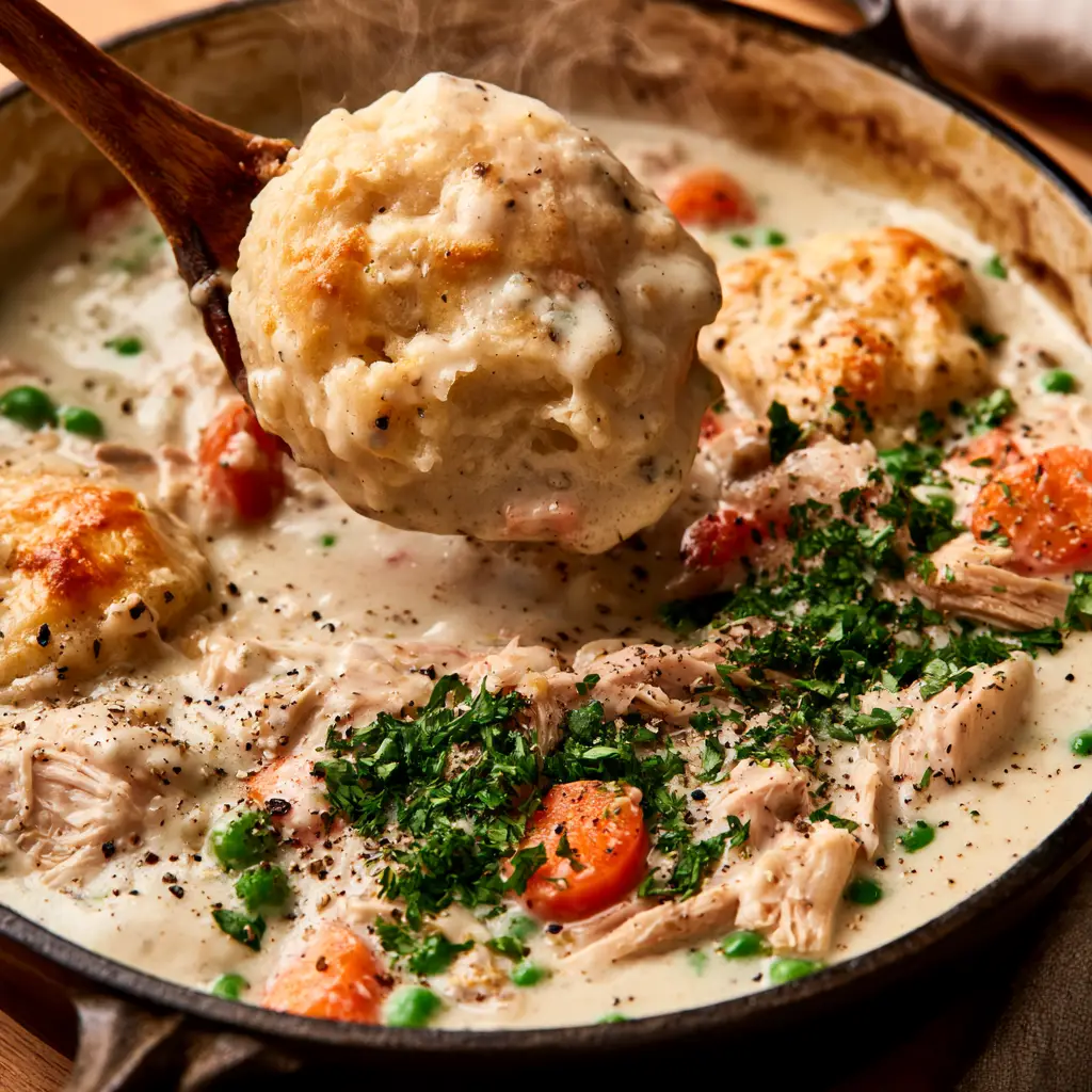 A close up of golden-brown baked biscuit chunks resting on a thick turkey gravy speckled with black pepper.