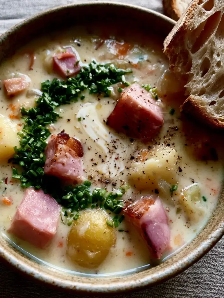 A jagged piece of crusty sourdough bread next to a bowl of ham soup recipe.