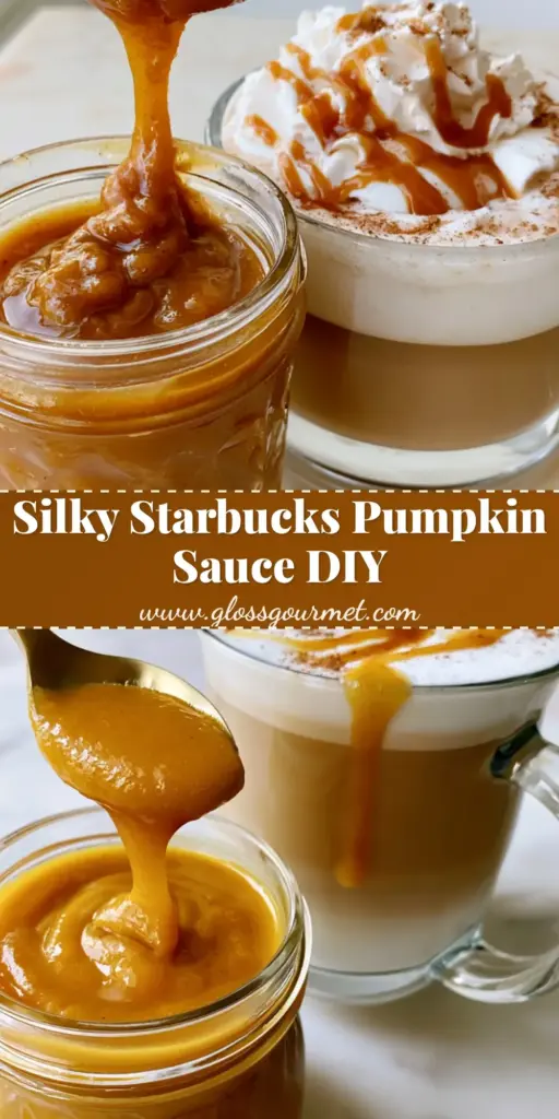 A tall Pinterest pin showing a glossy pumpkin pie sauce drizzle over a latte and a jar of golden orange sauce with a gold spoon.