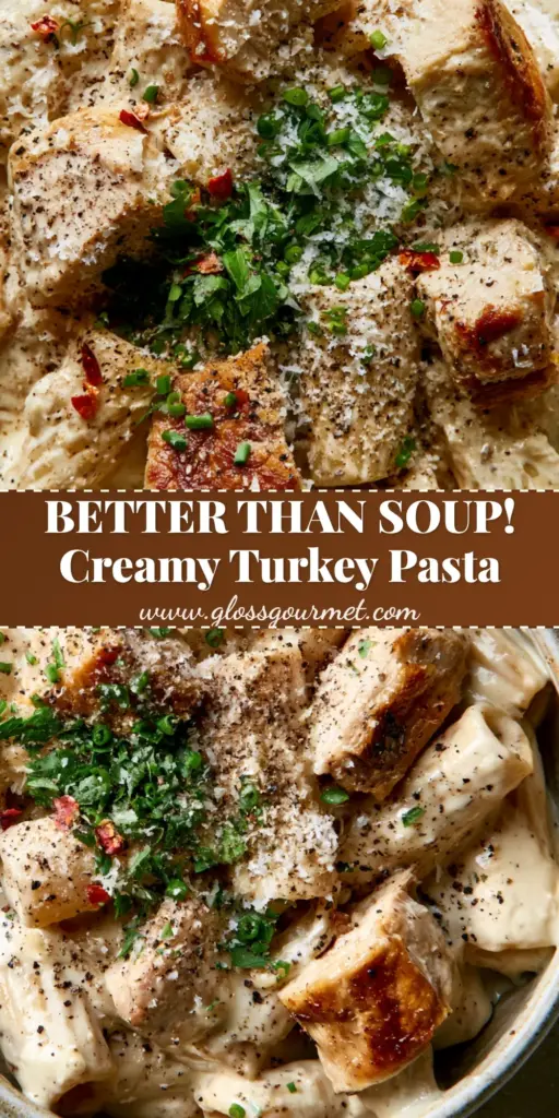 A tall Pinterest-style graphic showing a rustic bowl of creamy turkey rigatoni with seared turkey and fresh herbs. (Leftover turkey recipes)