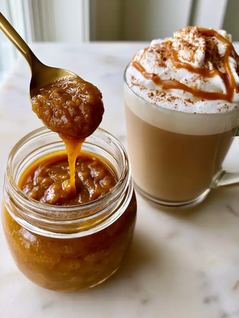 Handheld photo of a glass jar filled with thick, glossy pumpkin pie sauce and a gold spoon lifting a smooth ribbon.