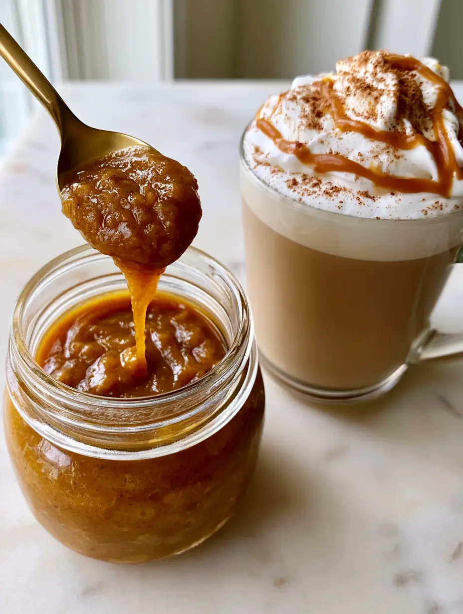 Handheld photo of a glass jar filled with thick, glossy pumpkin pie sauce and a gold spoon lifting a smooth ribbon.