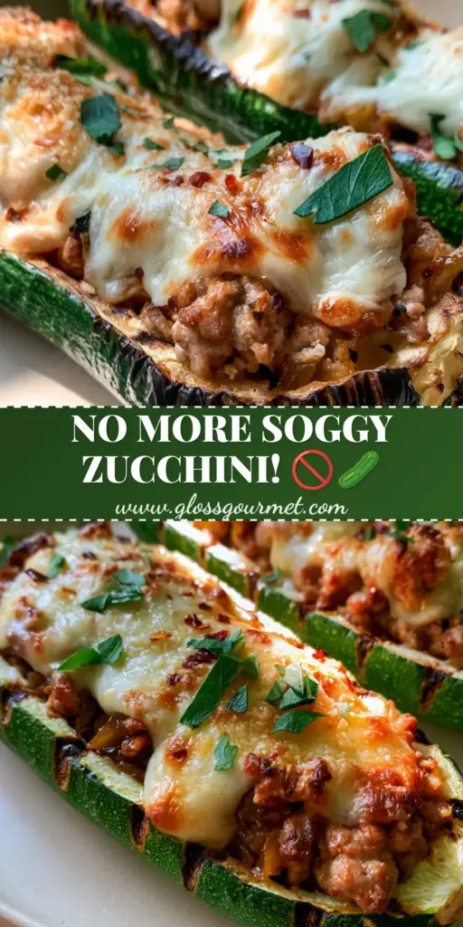 Three stuffed zucchini boats with charred skins, melted mozzarella, and toasted parmesan crust on a ceramic plate. (Stuffed Zucchini Boats)