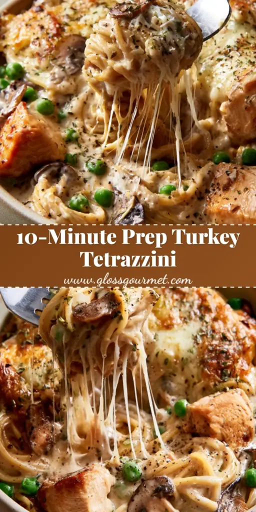 A high-angle close-up of Turkey Tetrazzini in a ceramic bowl, featuring twirled spaghetti, ivory mushroom sauce, turkey chunks, peas, and a bubbly mozzarella cheese pull with a golden parmesan crust.