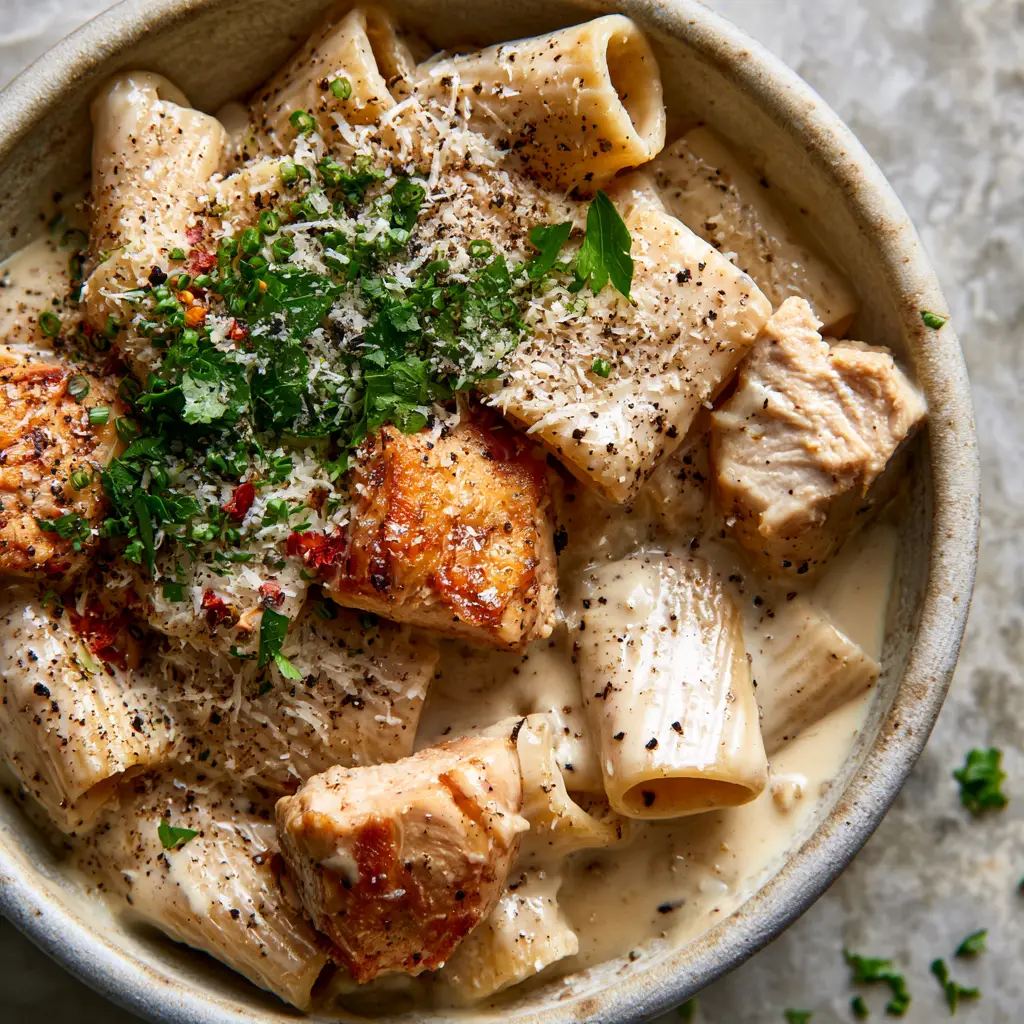 Close up of succulent seared turkey edges in a creamy pasta dish with fresh chives and red pepper flakes. (Leftover turkey recipes)