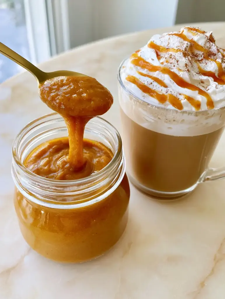 Close up of a pumpkin spice latte topped with whipped cream and a perfect pumpkin pie sauce drizzle on a marble surface.