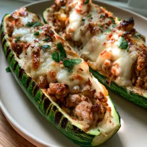 High-angle close-up of Stuffed Zucchini Boats showing distinct dark brown char marks and caramelized cheese. (Stuffed Zucchini Boats)