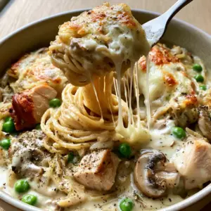 Creamy Turkey Tetrazzini with spaghetti noodles, thick mushroom sauce, and bright green peas topped with toasted cheese.