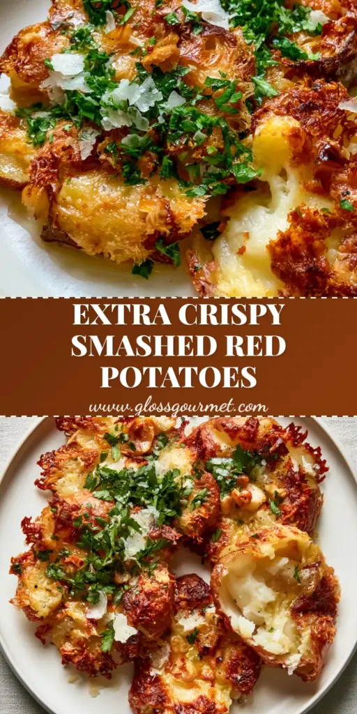 A close-up shot of crispy smashed red potatoes with jagged parmesan cheese lace edges and fresh parsley garnish on a white plate. (smashed red potatoes)