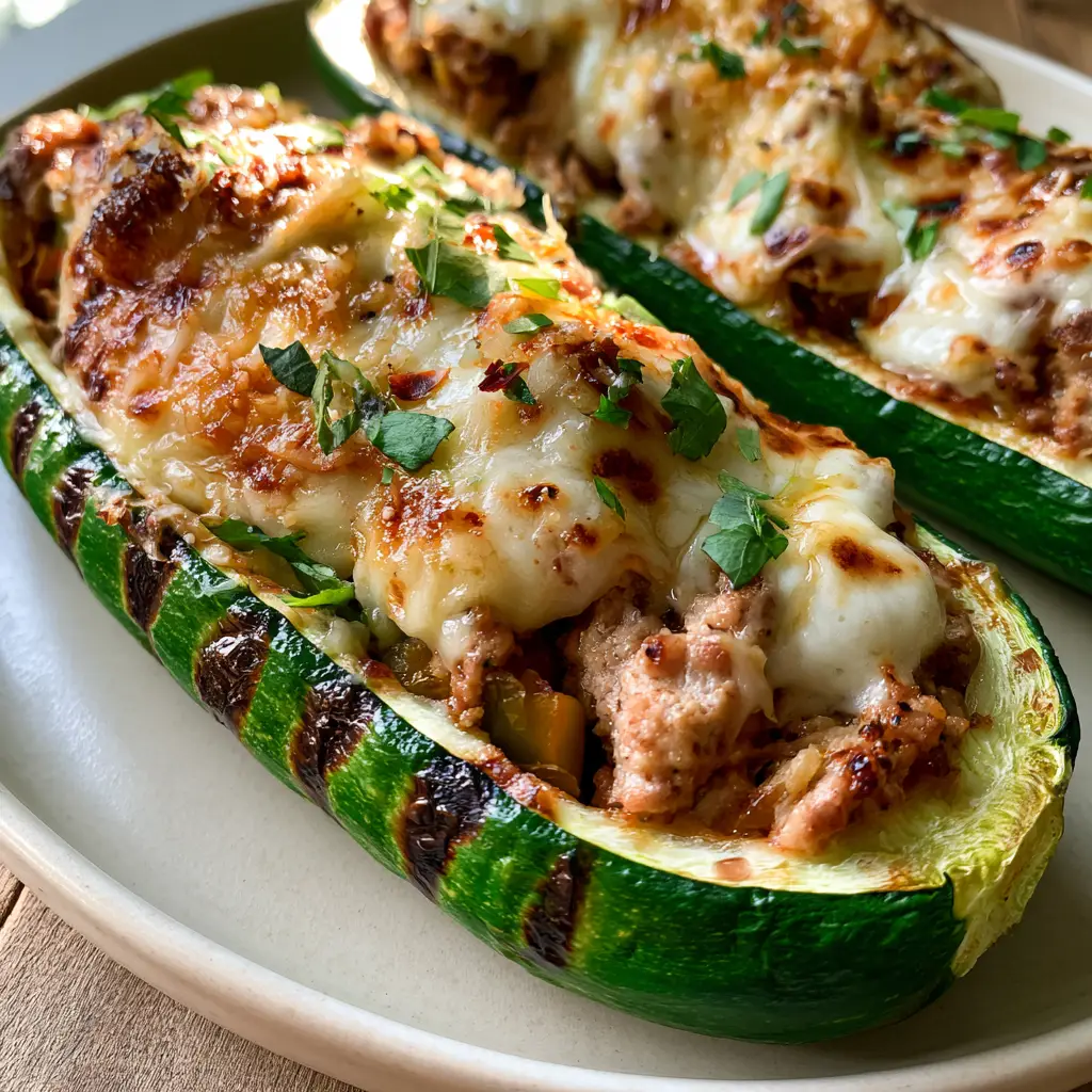 Stuffed Zucchini Boats resting on a neutral ceramic plate with bright green parsley and red chili flakes scattered across the top.