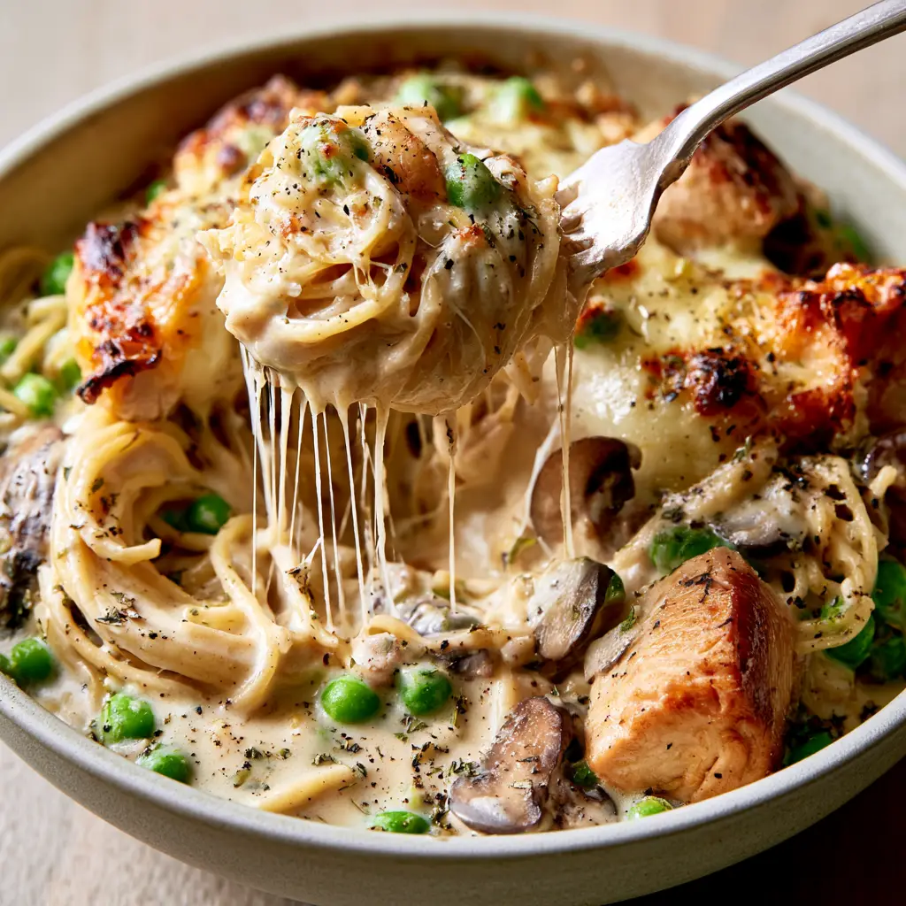 Close up of moist roasted turkey chunks and sauteed cremini mushrooms in a Turkey Tetrazzini casserole.