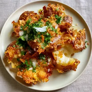 Top-down view of extra crispy smashed red potatoes with deep golden-brown crust and melted garlic butter. (smashed red potatoes)