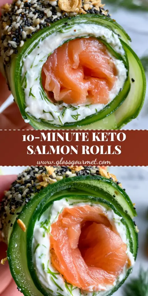 A handheld gourmet smoked salmon cucumber roll showing a perfect cross-section with silky salmon, whipped cream cheese, and everything bagel seasoning garnish.