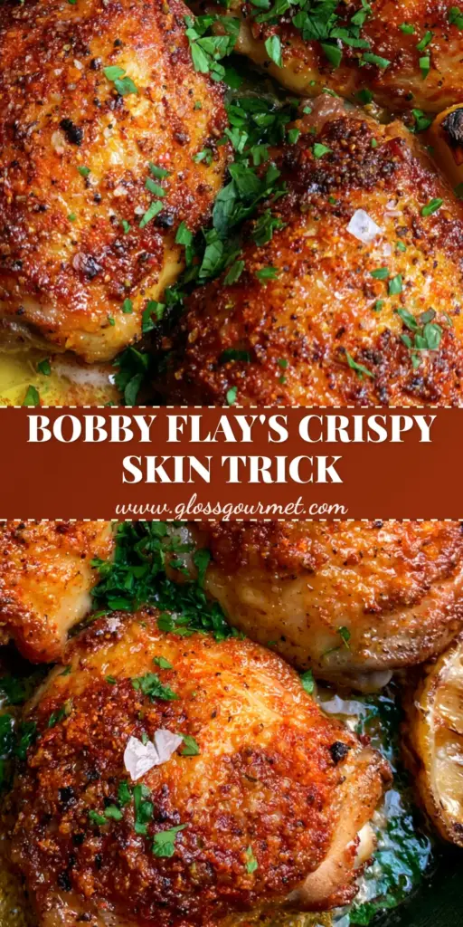 Top-down view of Bobby Flay's Chicken Thighs in a cast iron skillet with charred lemons and parsley.
