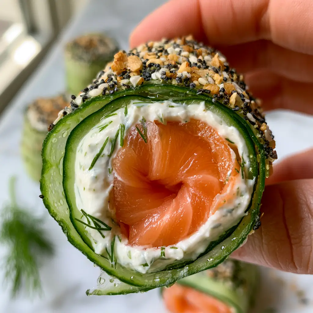 A close-up view of multiple smoked salmon cucumber rolls garnished with toasted sesame seeds and black poppy seeds on a marble surface.