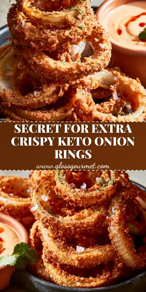 A towering stack of crispy Keto onion rings with a golden almond flour crust in a black bowl. (Keto onion rings)