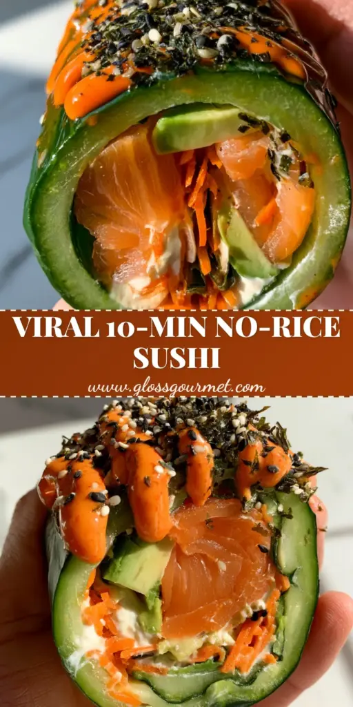 Cucumber Rolls with Smoked Salmon and Spicy Sriracha Mayo 4 A handheld POV close-up of a thick cucumber roll slice stuffed with smoked salmon, cream cheese, and avocado, topped with sriracha mayo and sesame seeds. (cucumber rolls)