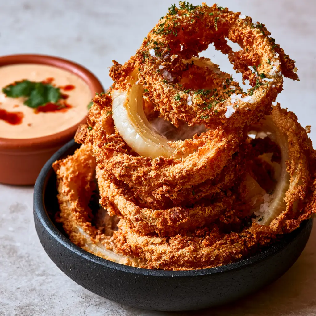 Macro close-up of a thick-cut keto onion ring showing the shattered texture of the almond flour breading. (Keto onion rings)
