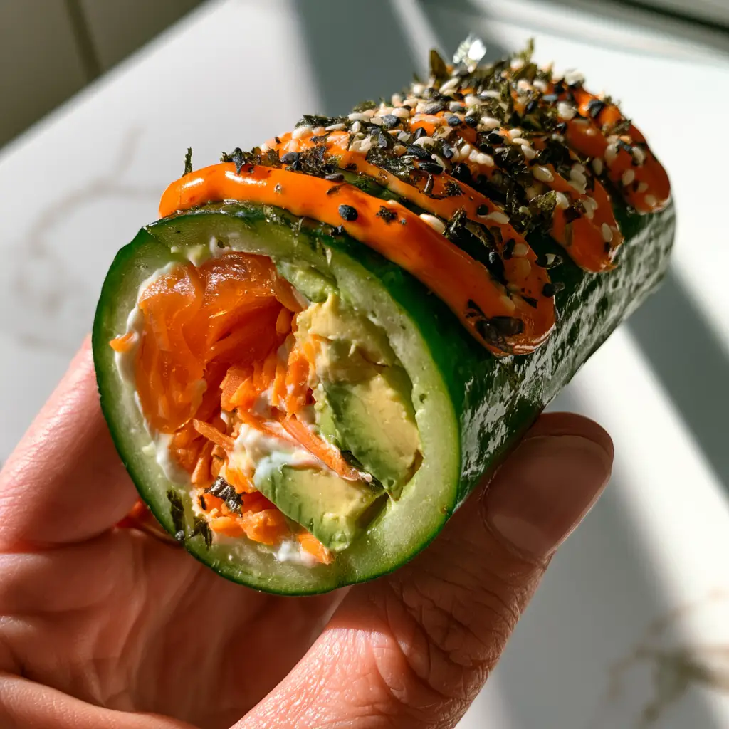 Top-down view of vibrant green cucumber rolls arranged on a white marble counter with soft morning sunlight. (cucumber rolls)